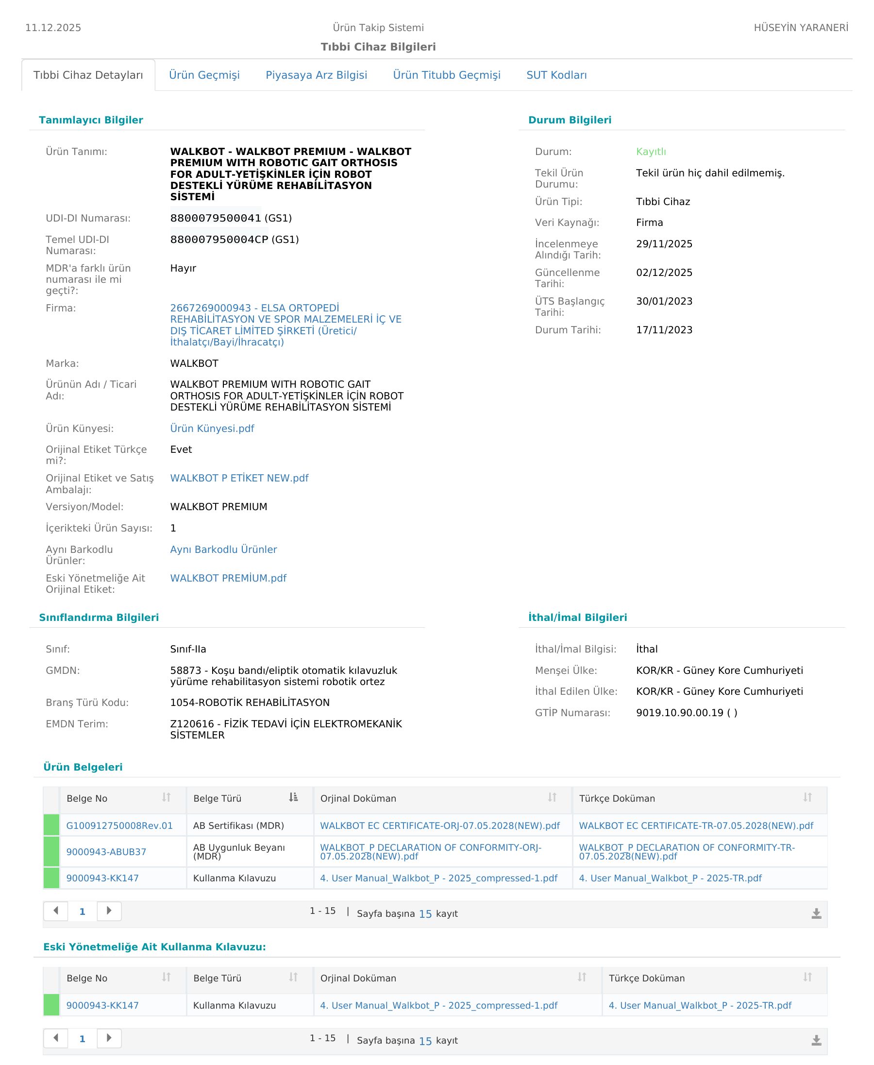Türkiye UTS Walkbot P Medical Device Registration Certificate 이미지