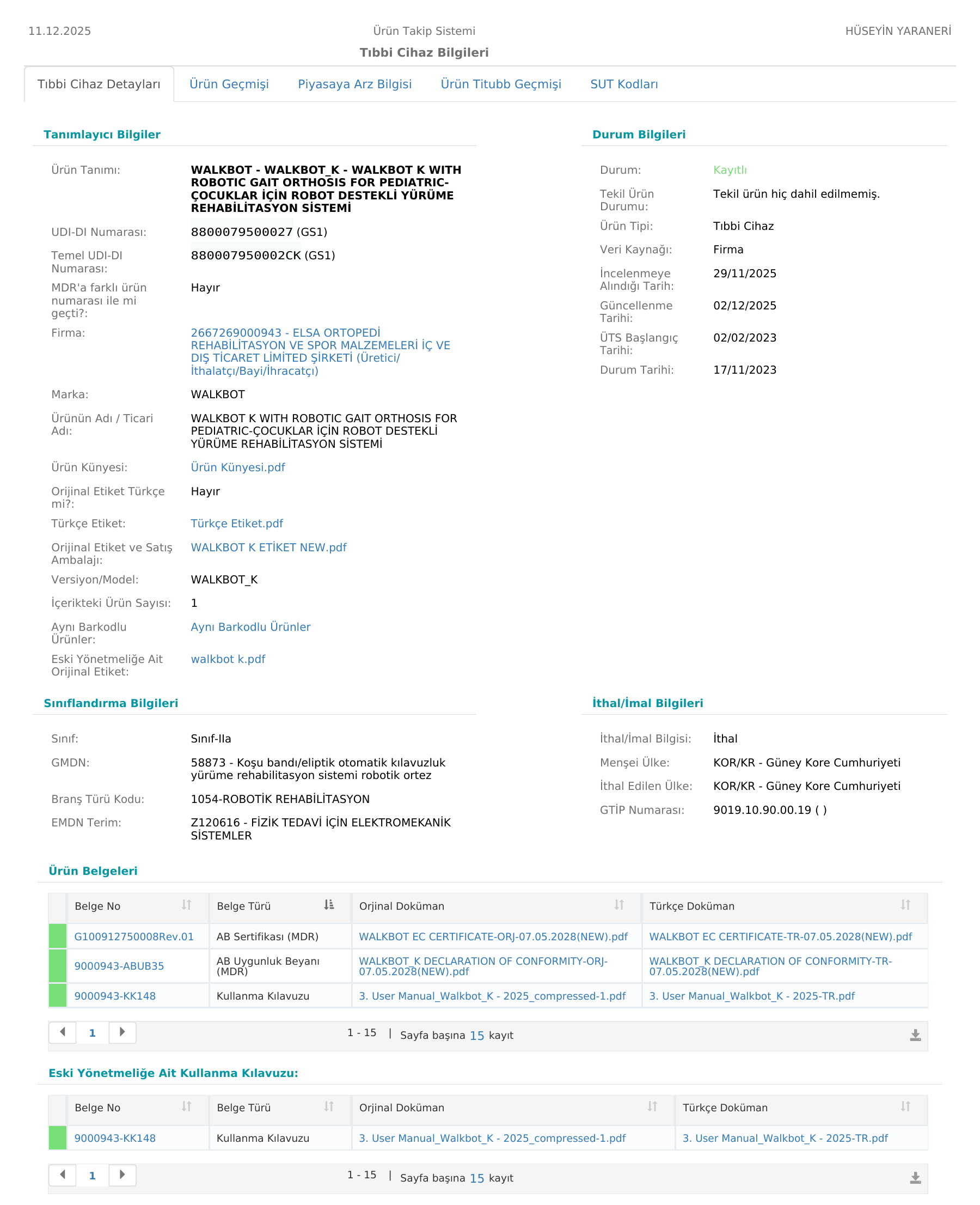 Türkiye UTS Walkbot K Medical Device Registration Certificate 이미지