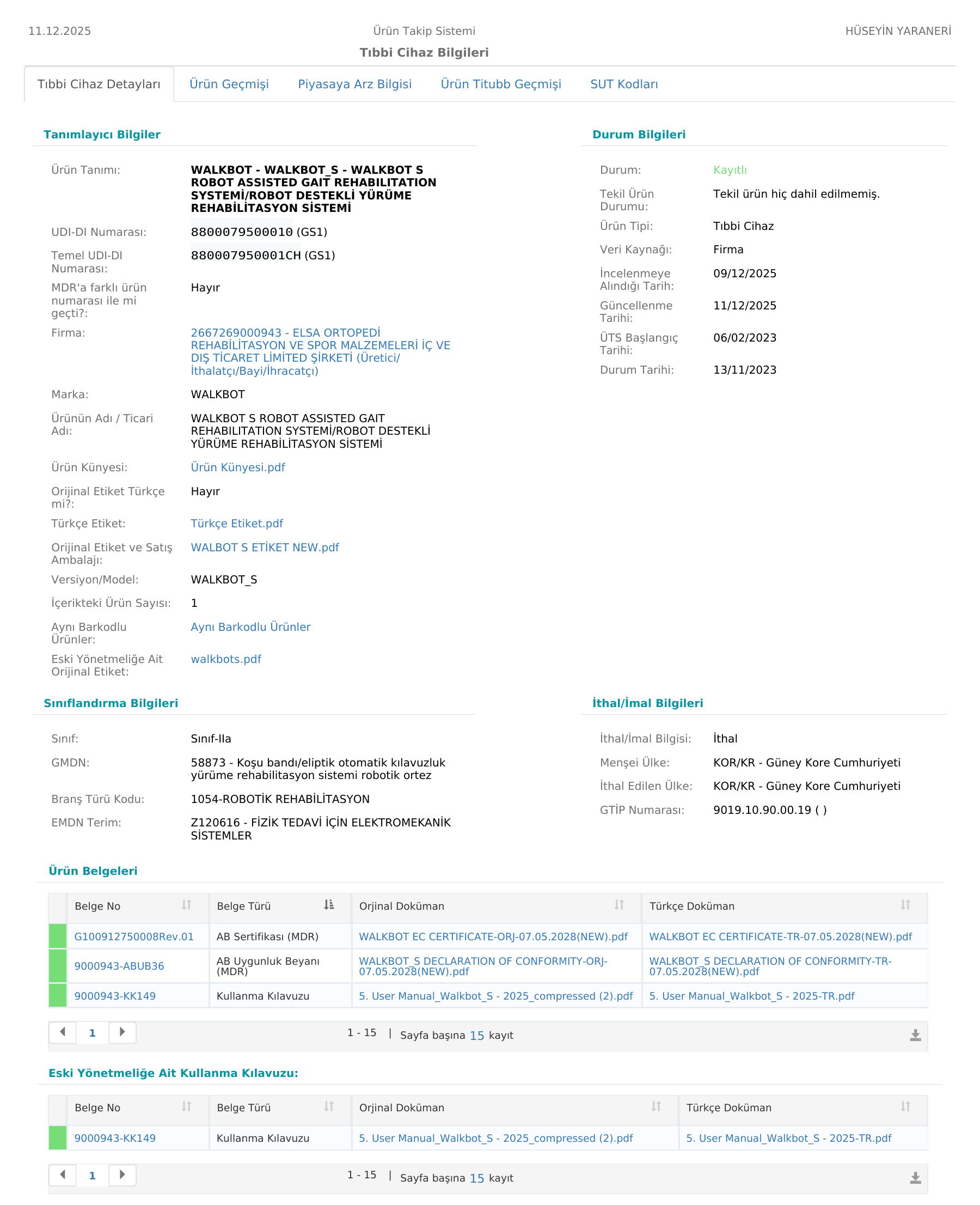 Türkiye UTS Walkbot S Medical Device Registration Certificate 이미지